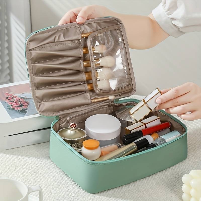 Travel Cosmetic Bag With Makeup Brush Holder Large Capacity - Temu